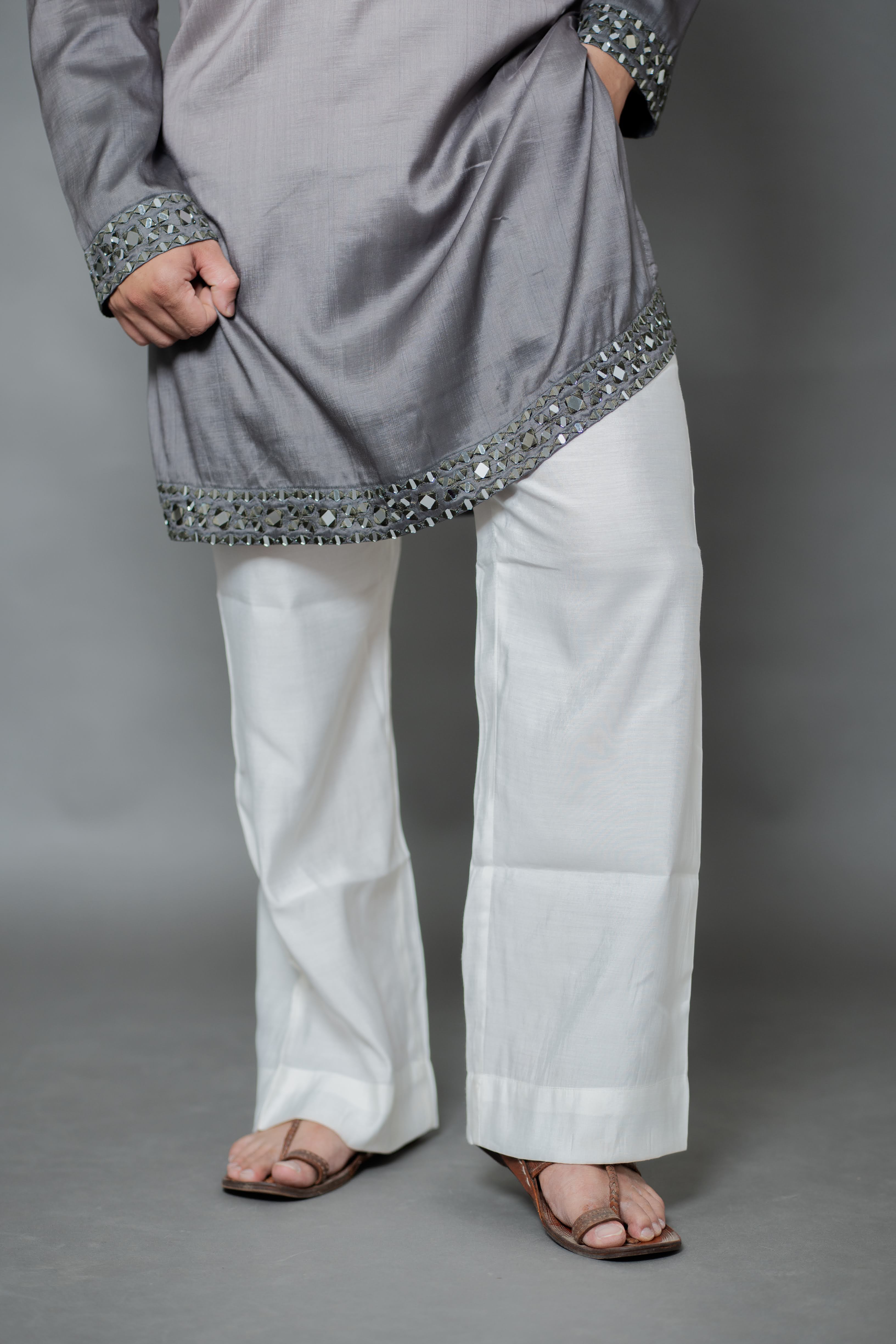 Grey Ombre Japanese Silk Kurta Set with Mirror Work