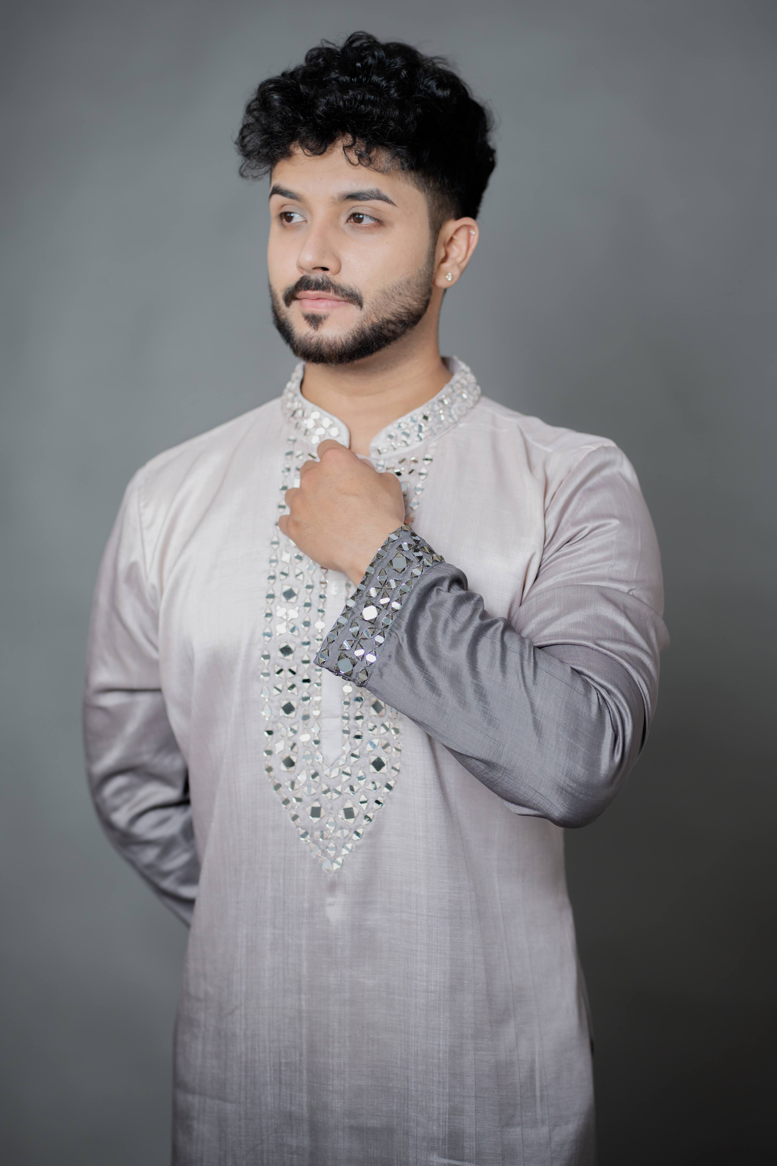 Grey Ombre Japanese Silk Kurta Set with Mirror Work