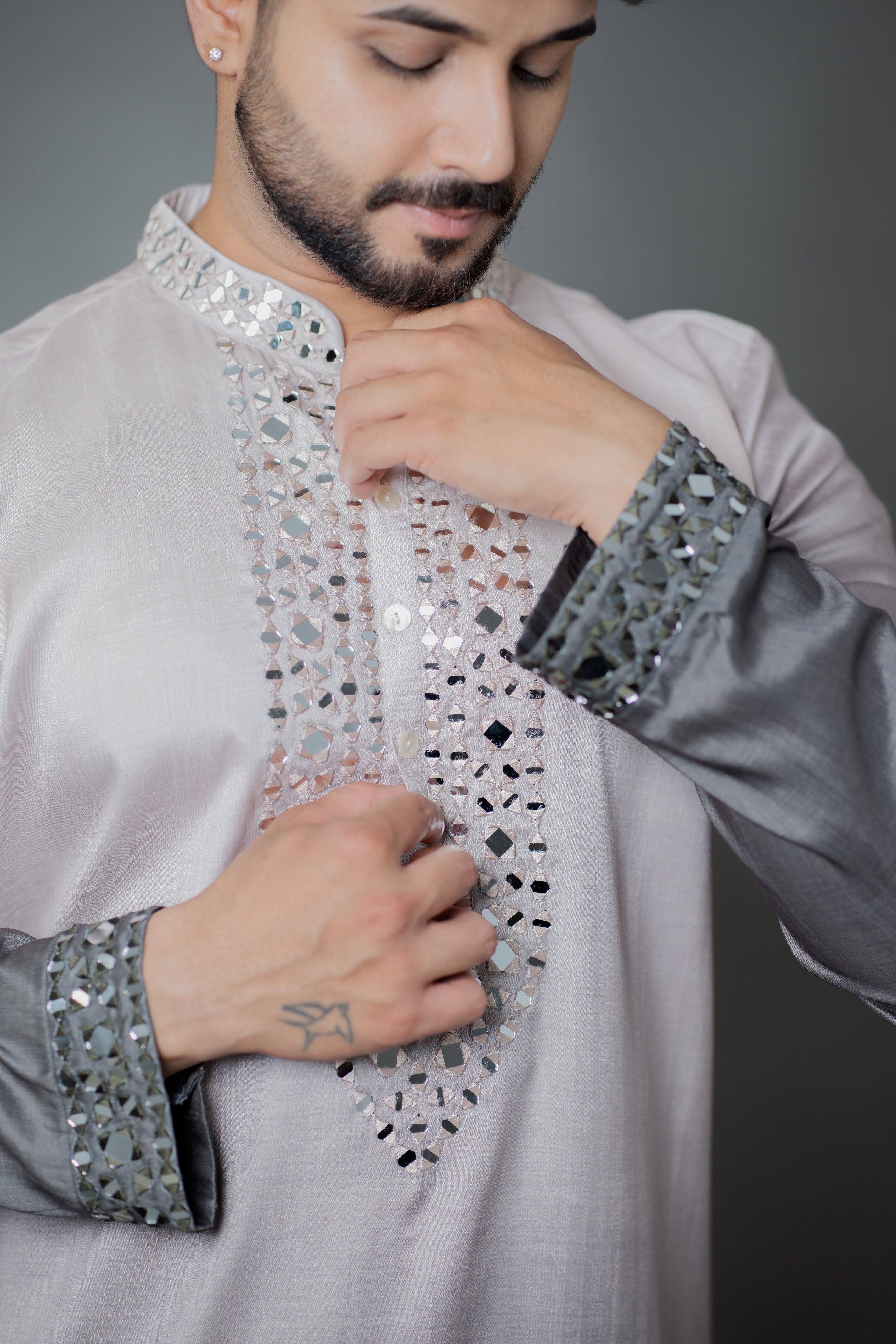 Grey Ombre Japanese Silk Kurta Set with Mirror Work