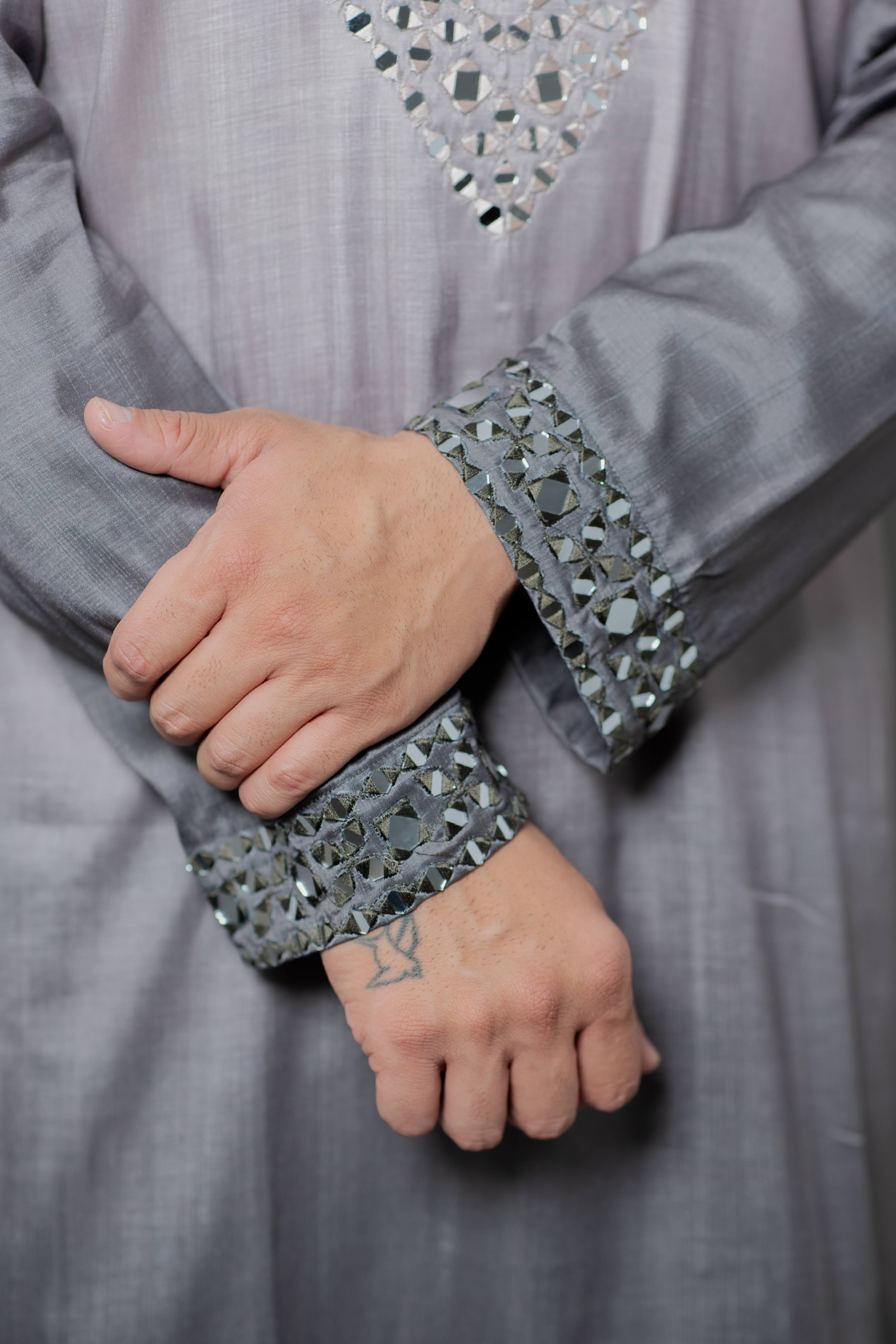 Grey Ombre Japanese Silk Kurta Set with Mirror Work