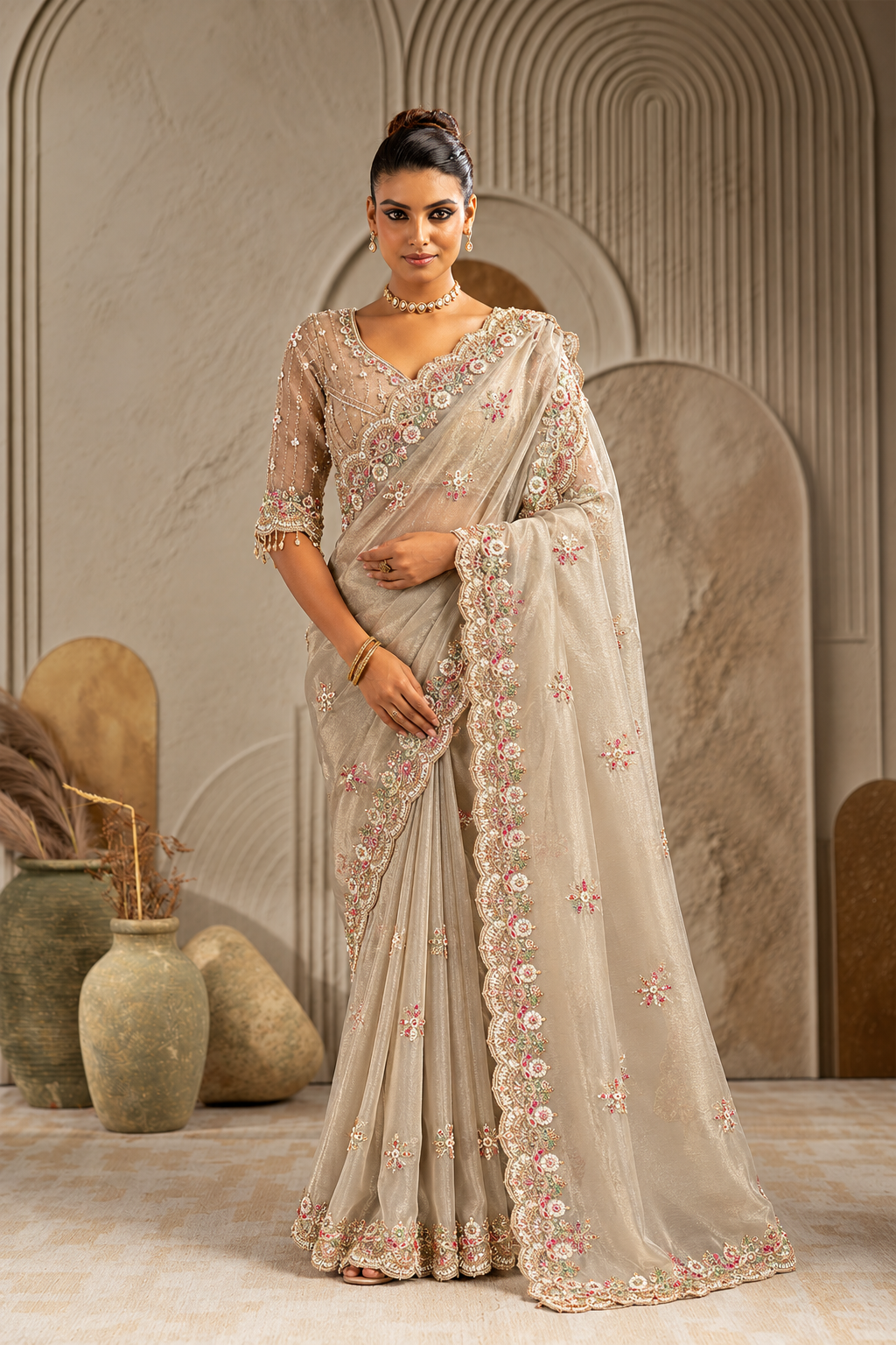 Golden Organza Silk Saree with Multicolor Floral Embroidery