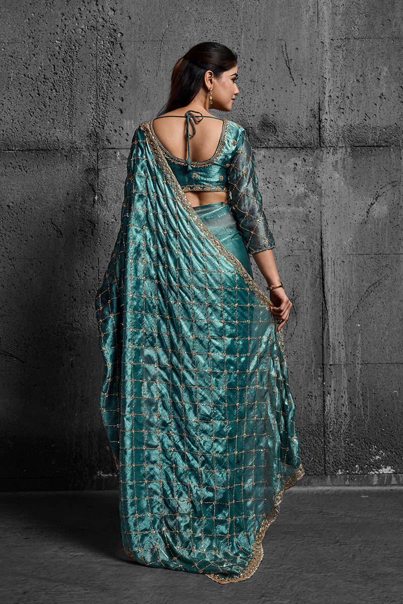 Teal Blue Organza Silk Saree with Hand Embroidery with Stitched Blouse