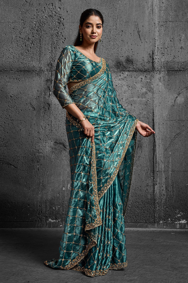 Teal Blue Organza Silk Saree with Hand Embroidery with Stitched Blouse