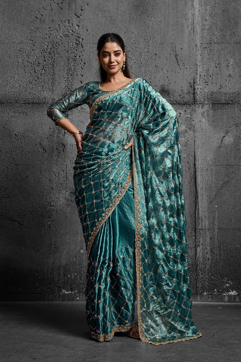 Teal Blue Organza Silk Saree with Hand Embroidery with Stitched Blouse