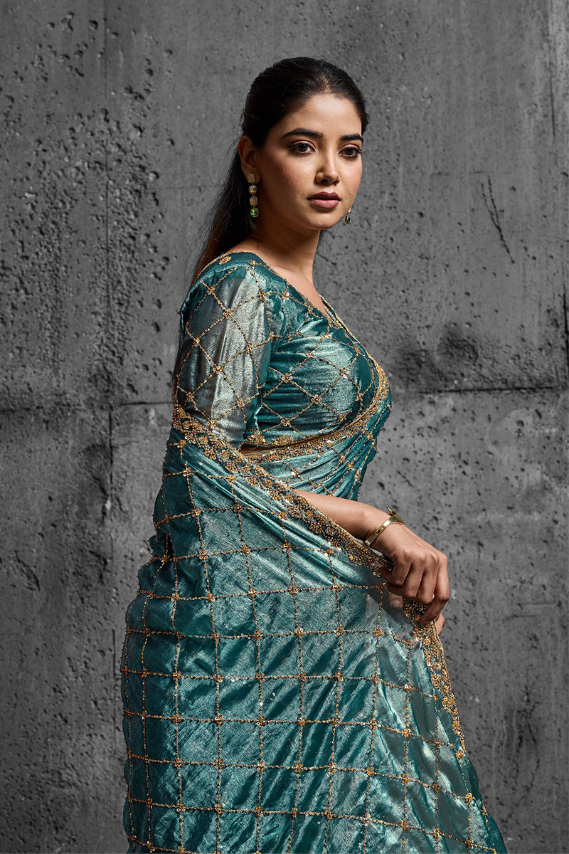 Teal Blue Organza Silk Saree with Hand Embroidery with Stitched Blouse