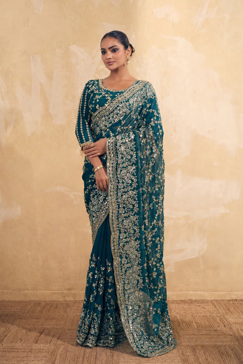 Teal Green Organza Silk Saree with Hand Embroidery with Stitched Blouse