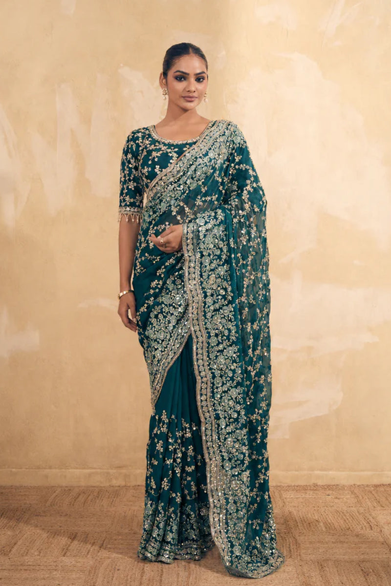 Teal Green Organza Silk Saree with Hand Embroidery with Stitched Blouse