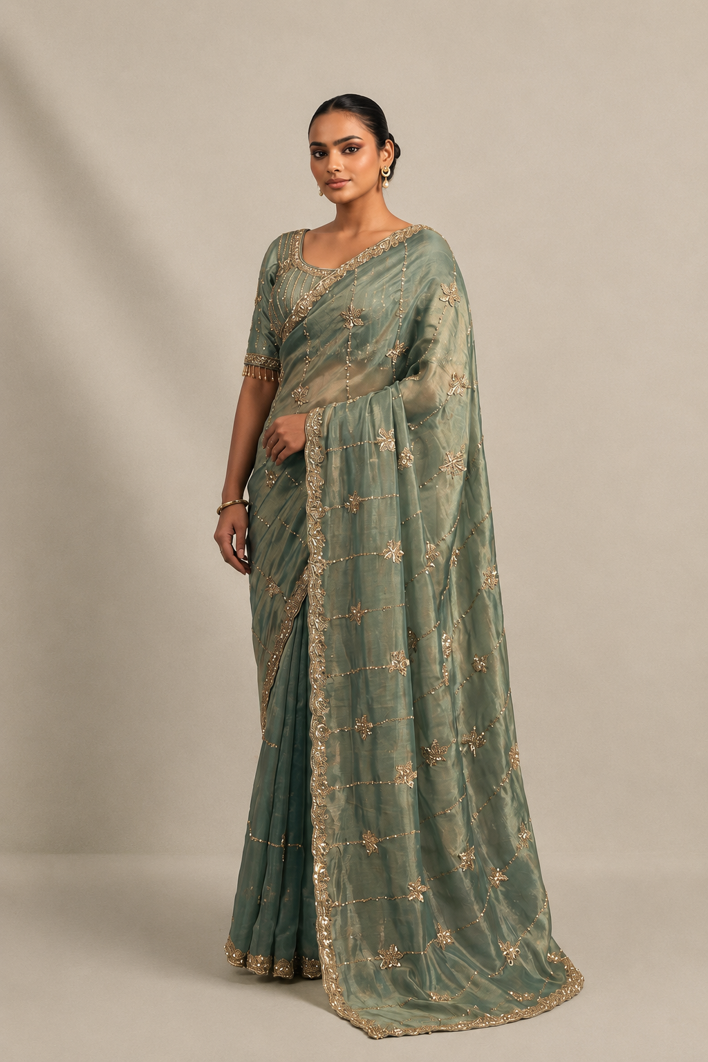 Light Teal Green Tissue Silk Saree with Hand Embroidery with Stitched Blouse