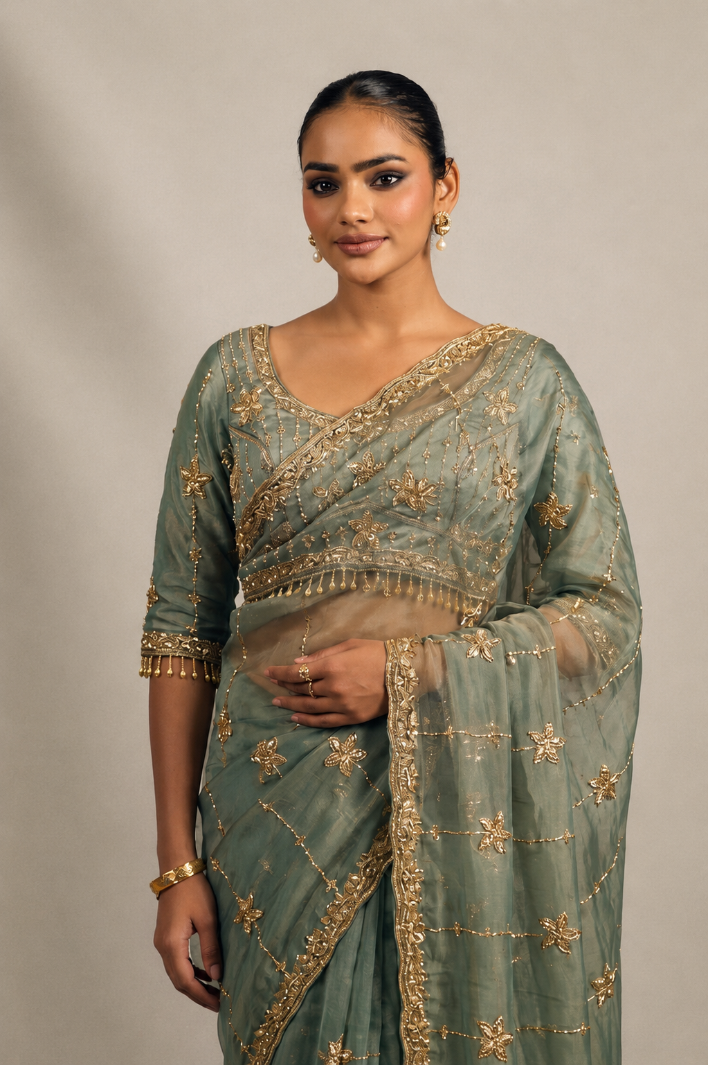 Light Teal Green Tissue Silk Saree with Hand Embroidery with Stitched Blouse