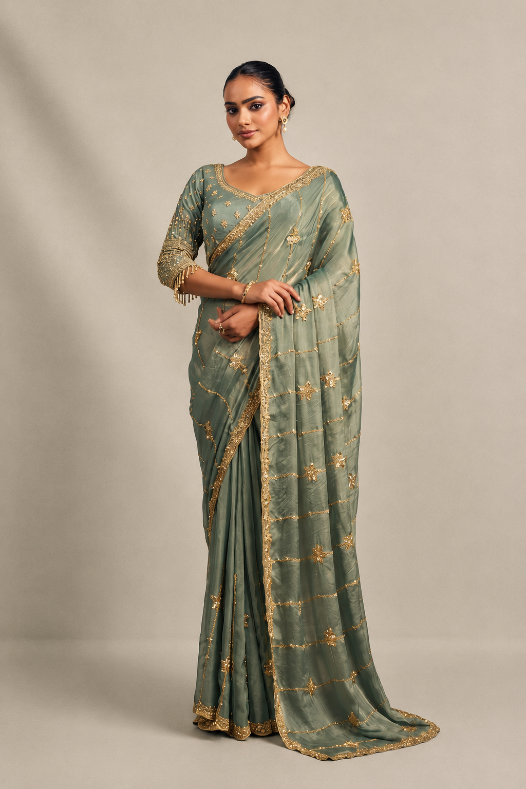 Light Teal Green Tissue Silk Saree with Hand Embroidery with Stitched Blouse