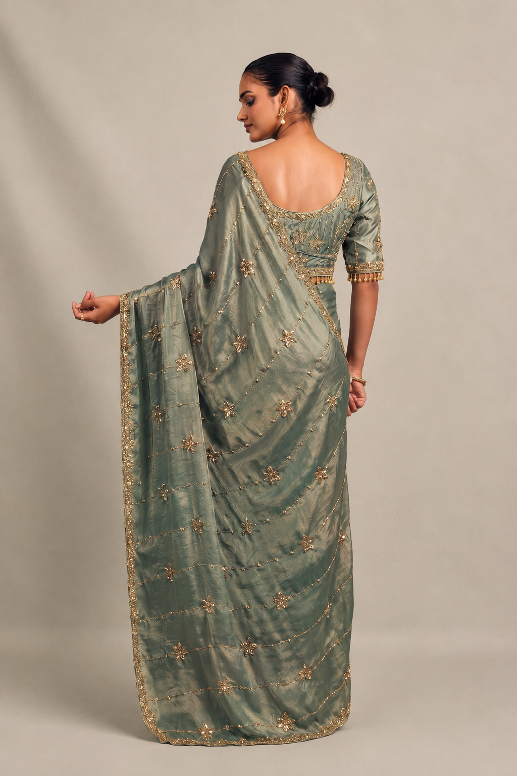 Light Teal Green Tissue Silk Saree with Hand Embroidery with Stitched Blouse
