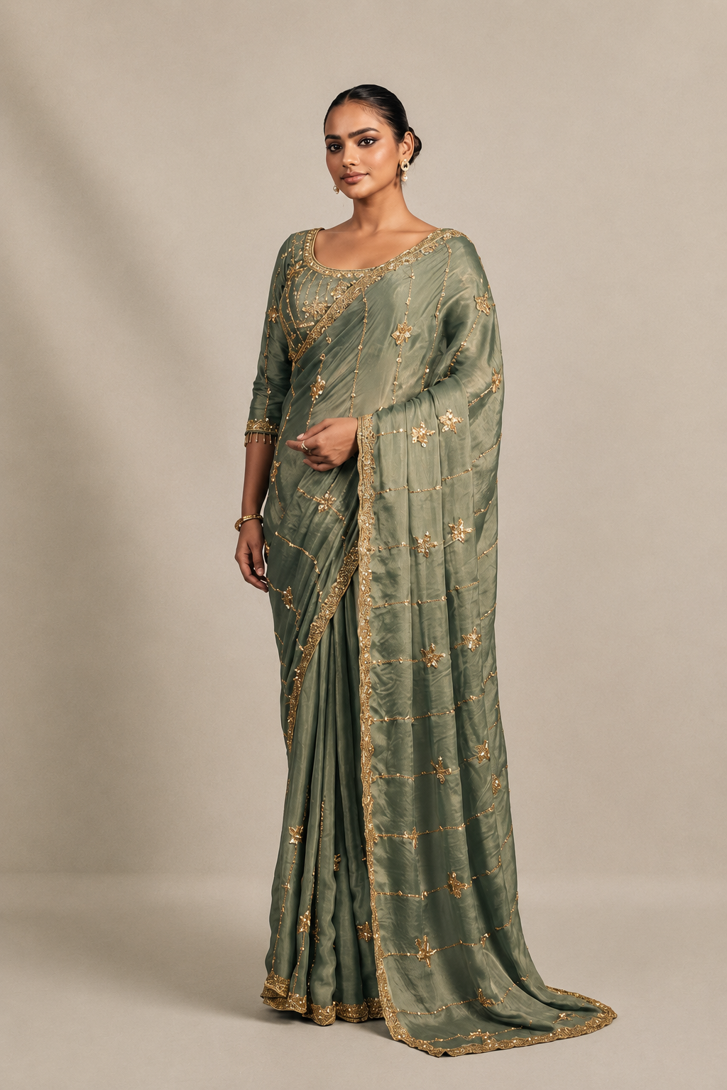 Light Teal Green Tissue Silk Saree with Hand Embroidery with Stitched Blouse