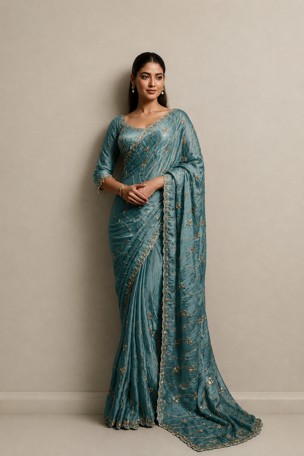Teal Blue Organza Saree with Hand Embroidery with Stitched Blouse
