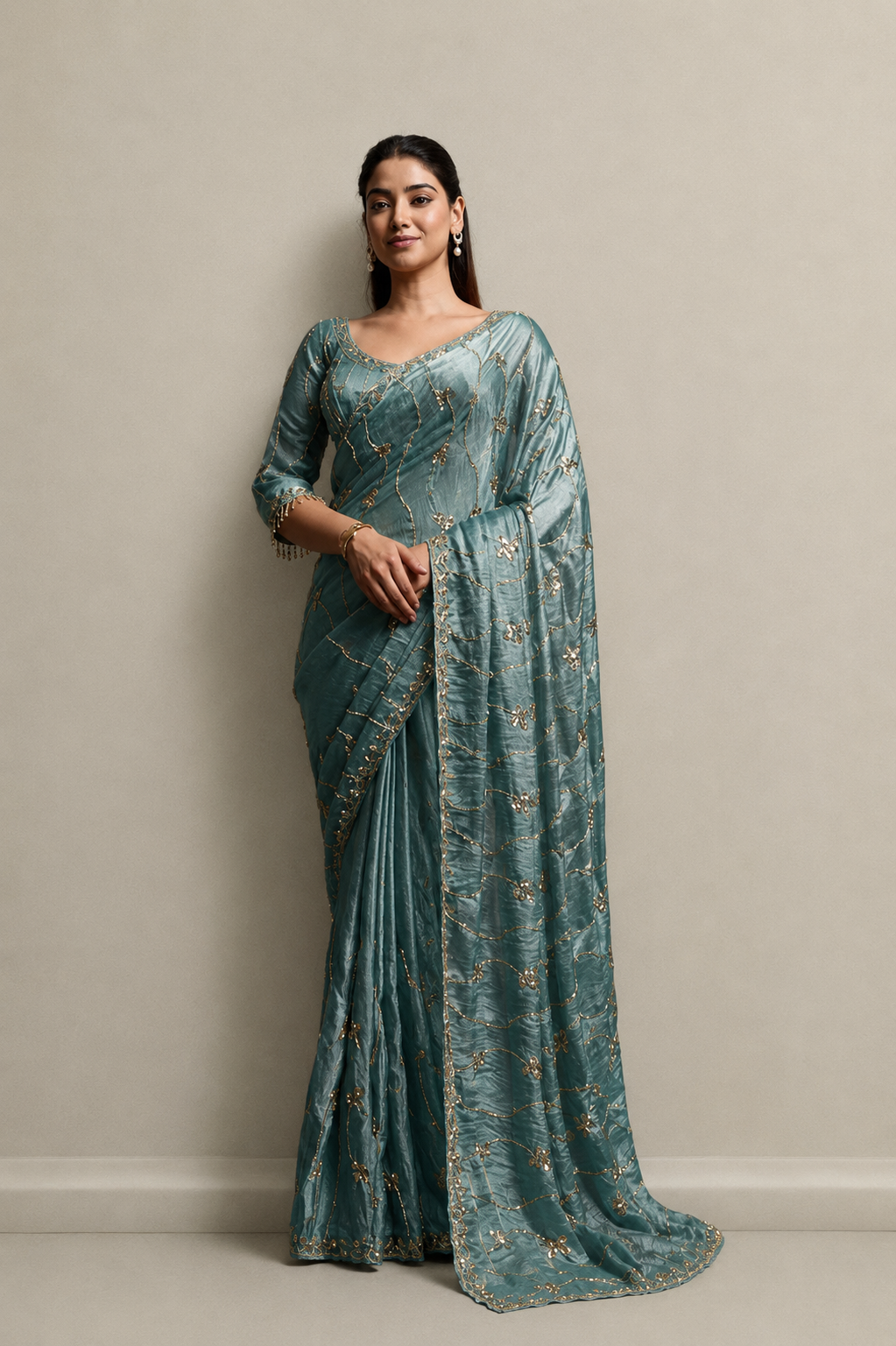 Teal Blue Organza Saree with Hand Embroidery with Stitched Blouse