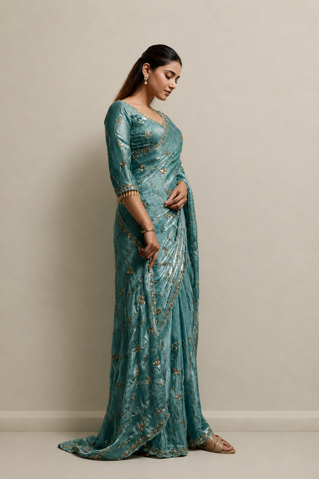 Teal Blue Organza Saree with Hand Embroidery with Stitched Blouse
