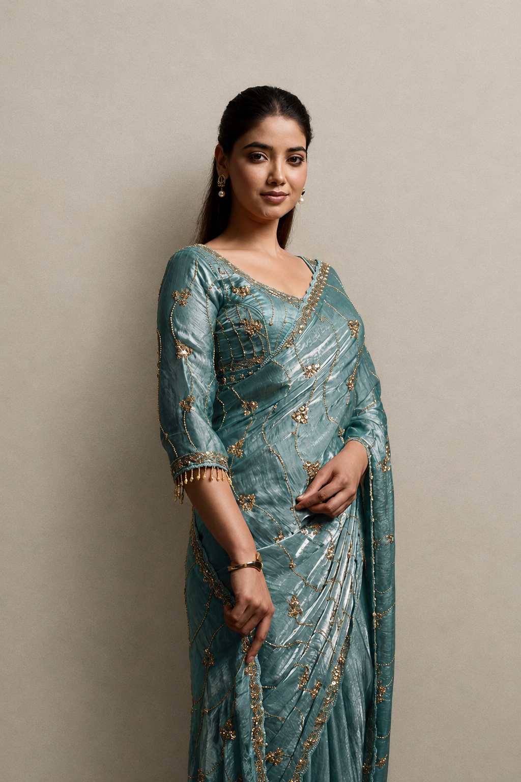 Teal Blue Organza Saree with Hand Embroidery with Stitched Blouse