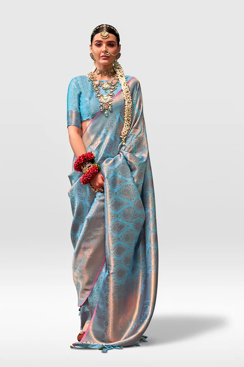 Two-Tone Blue Weaving Silk Saree with Contrast Selvage Border