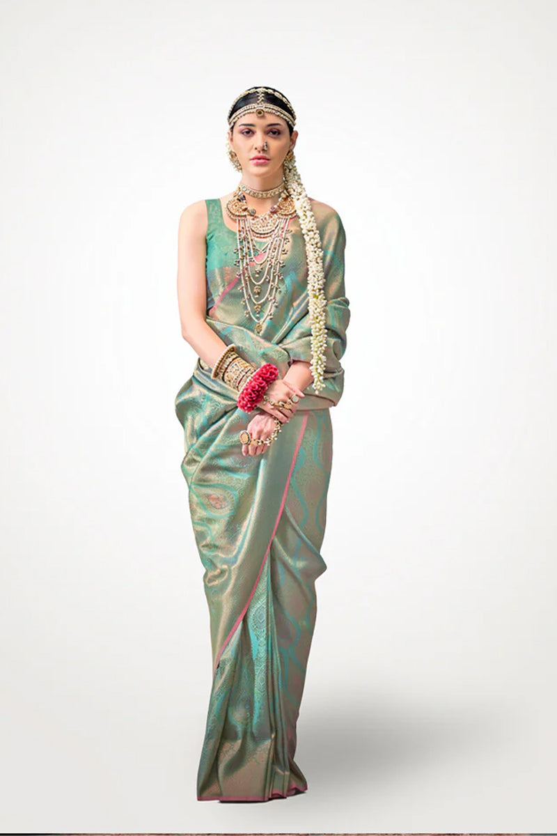 Two-Tone Green Weaving Silk Saree with Contrast Selvage Border