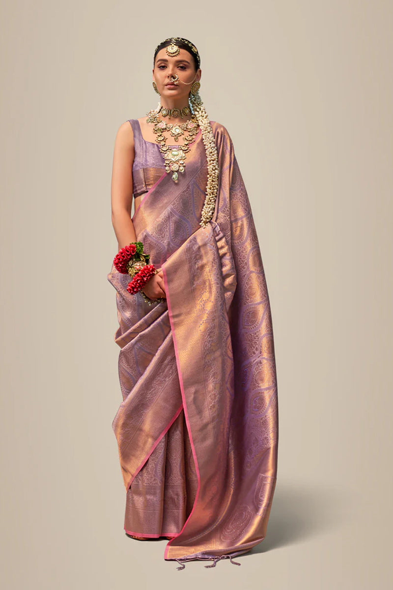 Two-Tone Peach Weaving Silk Saree with Contrast Selvage Border