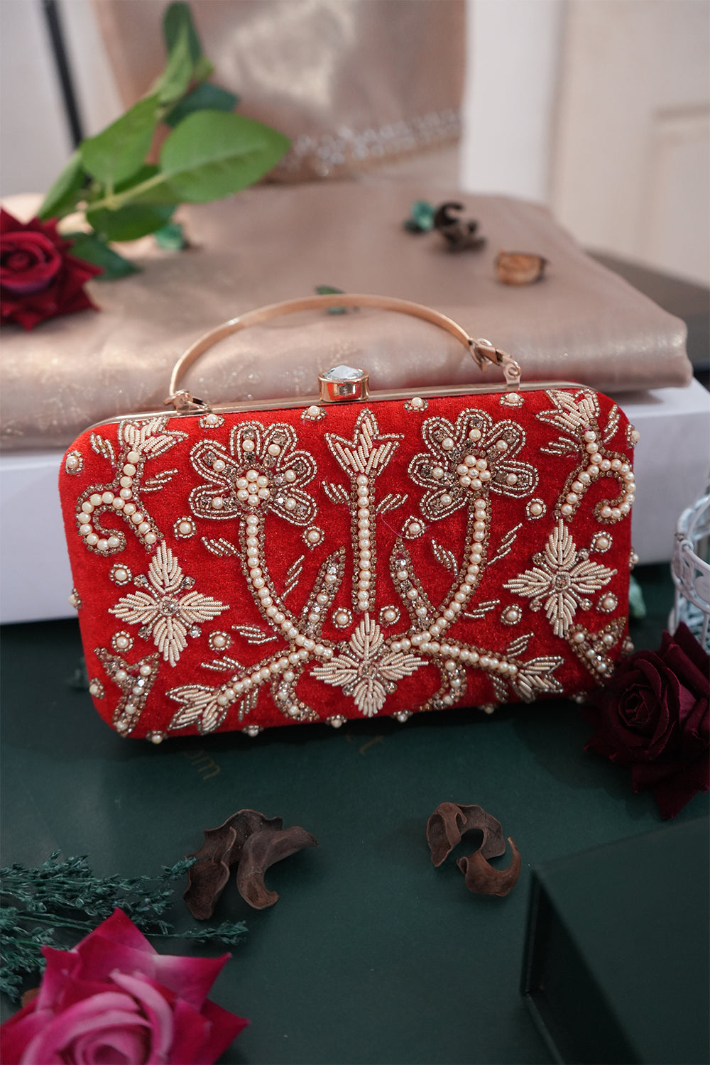 Green Velvet Pearl & Zardozi Clutch with Handle