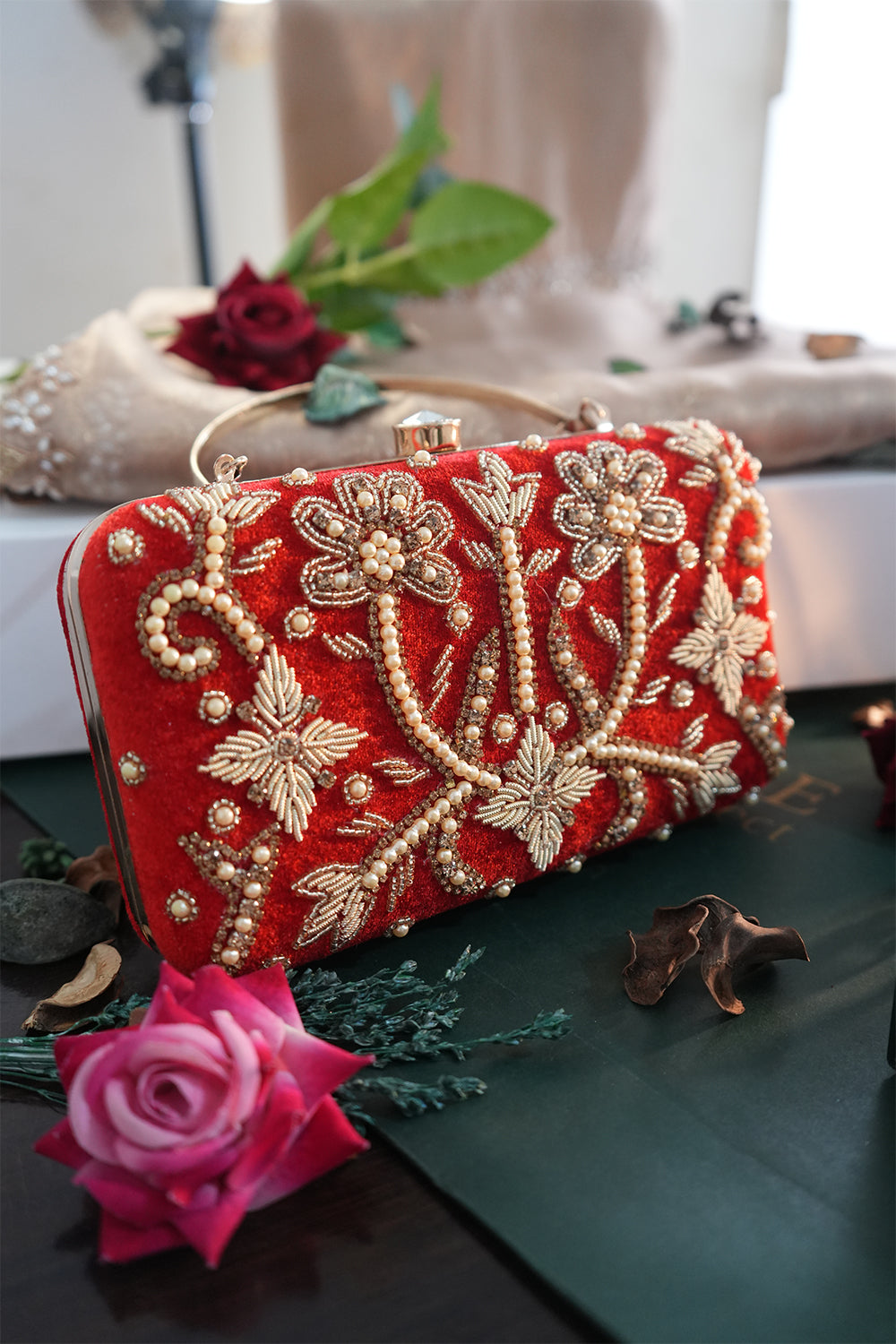Green Velvet Pearl & Zardozi Clutch with Handle