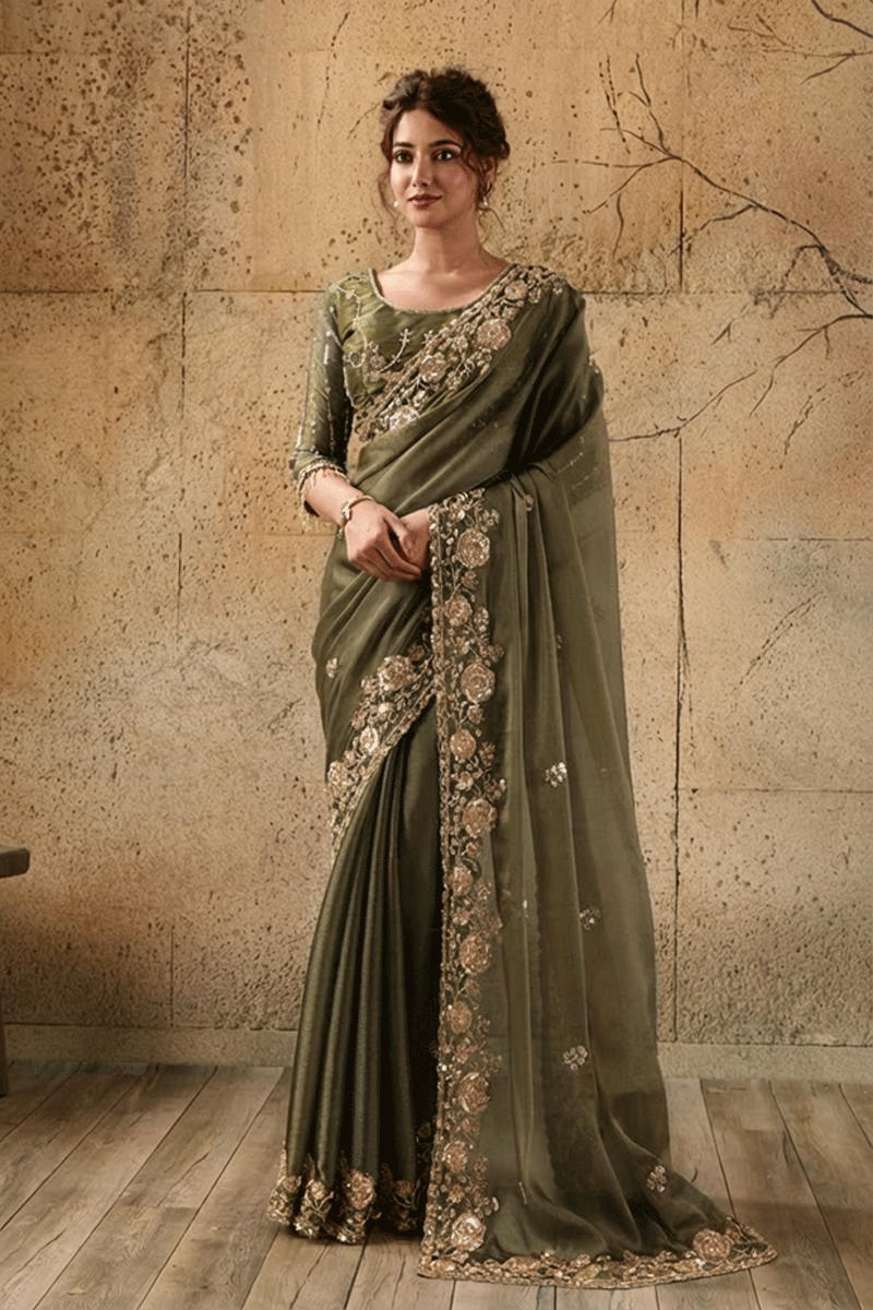 Mehandi Green Organza Saree with Floral Hand Embroidery