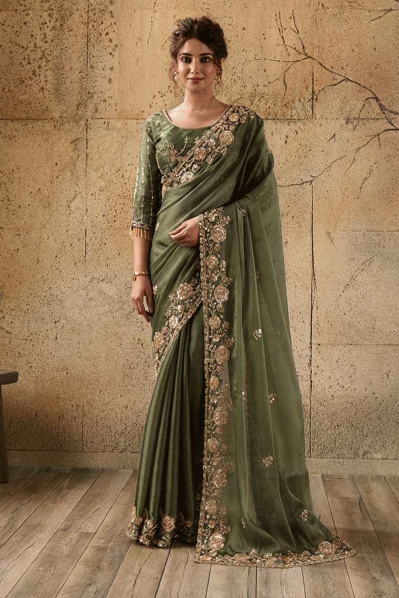 Mehandi Green Organza Saree with Floral Hand Embroidery