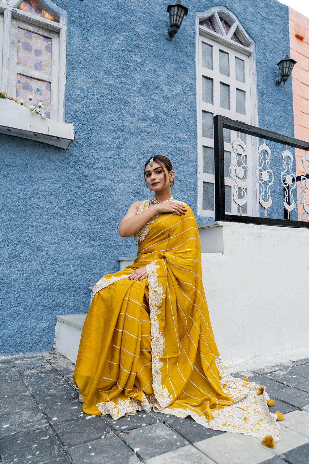 Two Blouse Concept – Marigold Yellow Designer Georgette Saree with White and Silver Embroidery