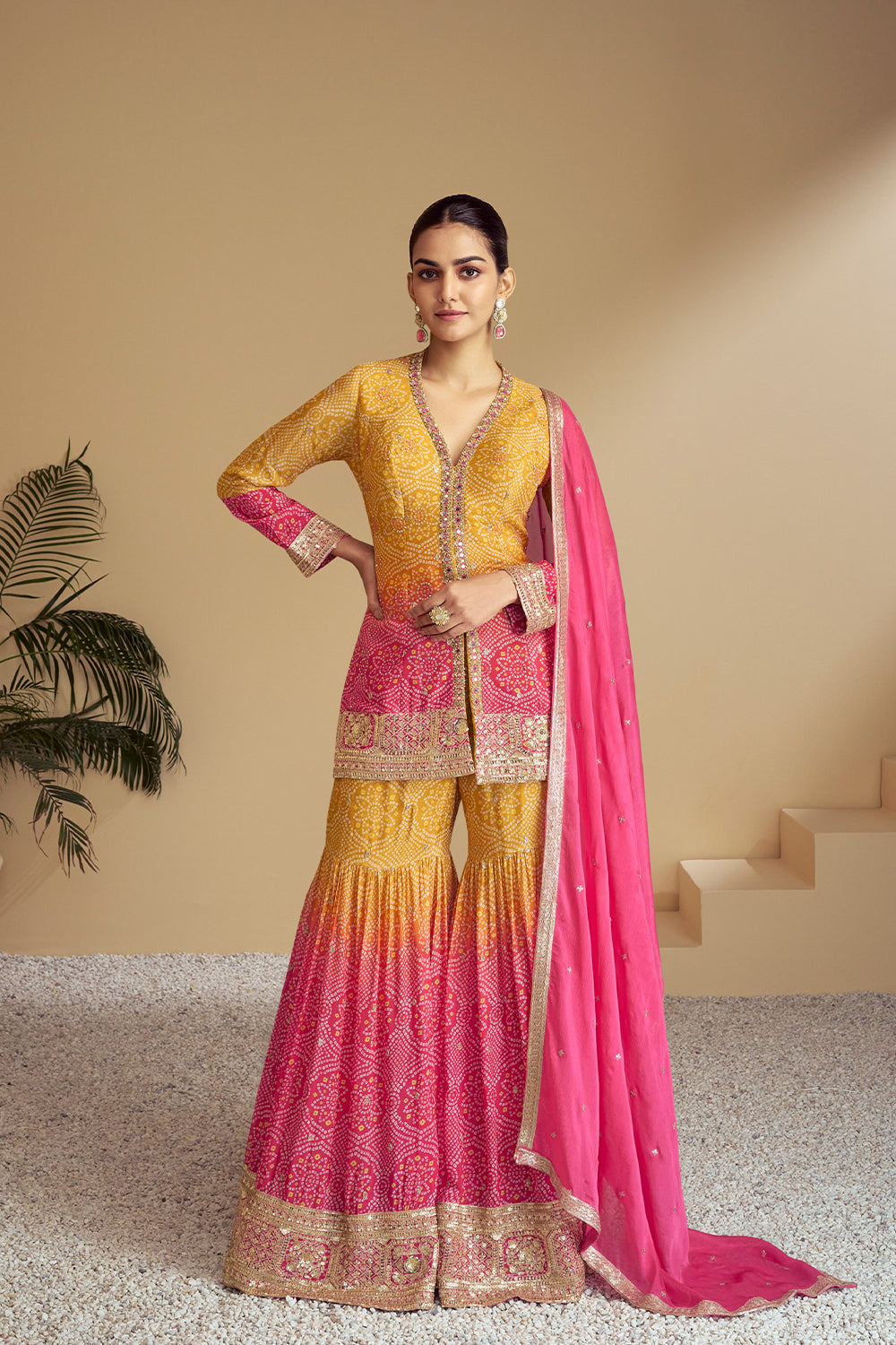 Green Bandhani Print Sharara Silk Suit with Zari Work and Matching Dupatta