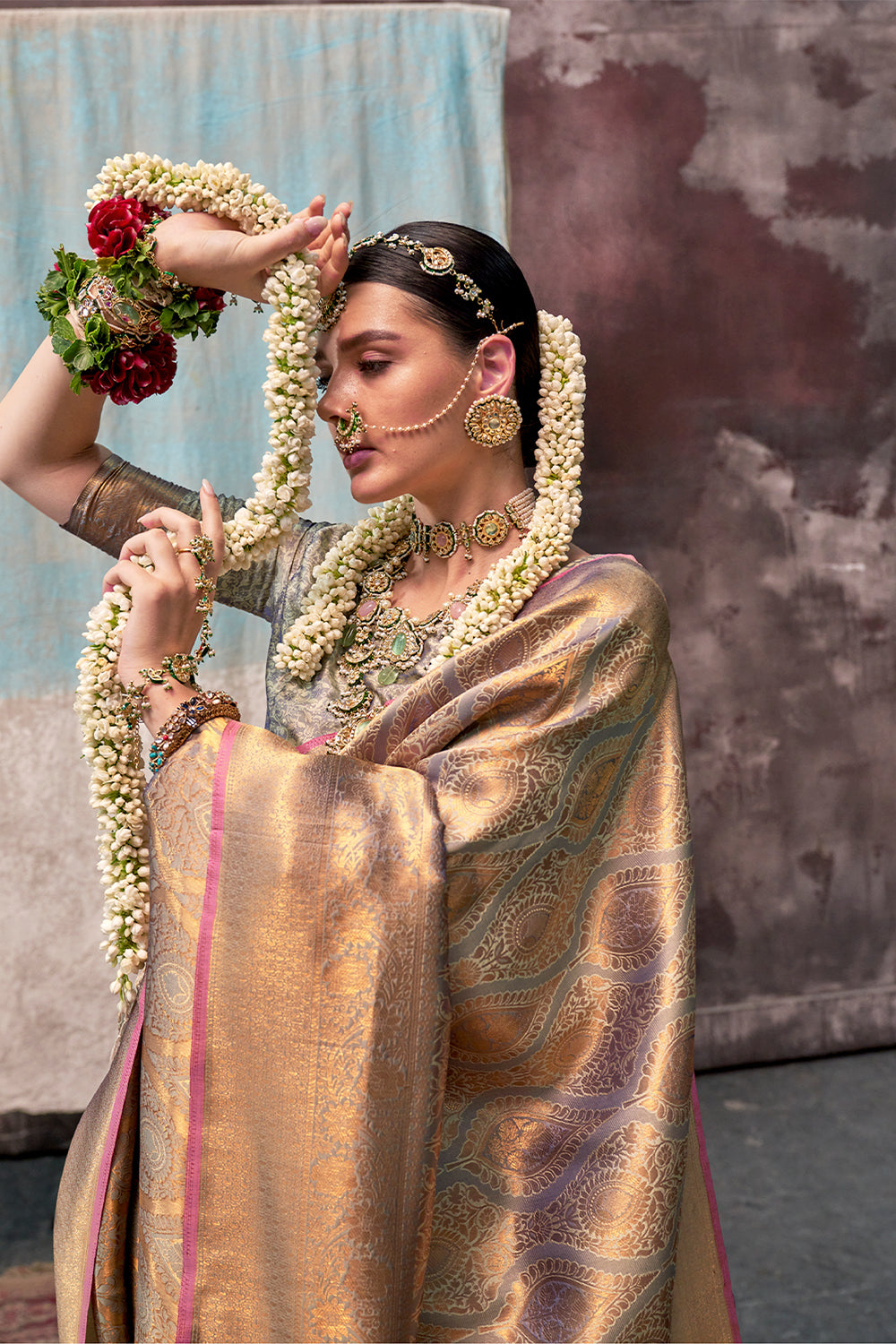 Two-Tone Peach Purple Weaving Silk Saree with Contrast Selvage Border