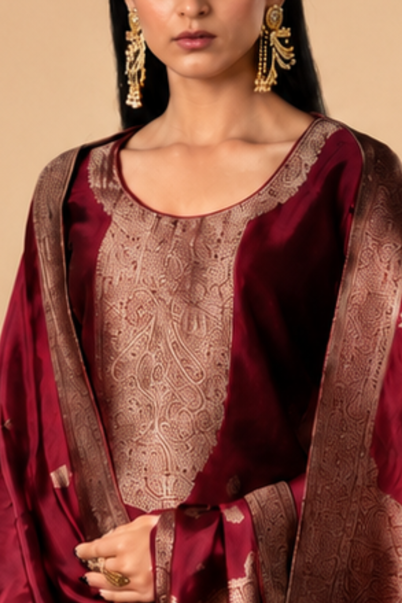 Wine Maroon Premium Viscose Woven Silk Jacquard Suit Set with Hand Work Design