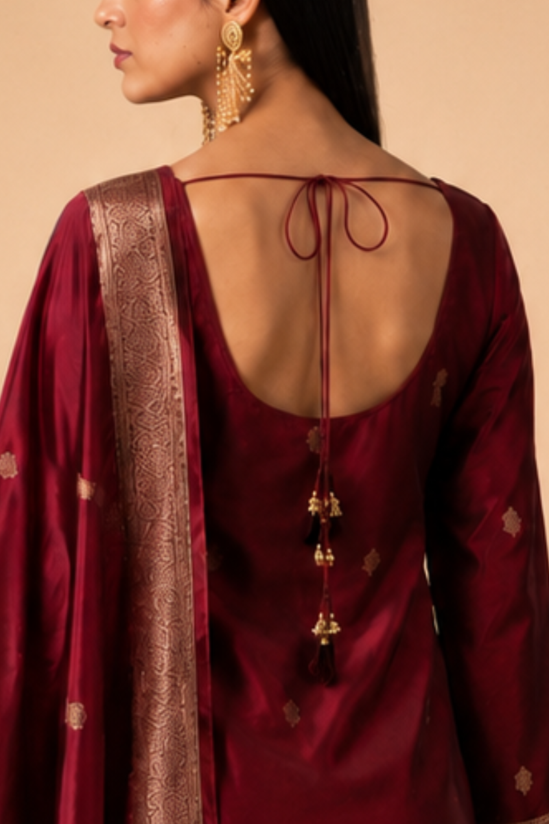 Wine Maroon Premium Viscose Woven Silk Jacquard Suit Set with Hand Work Design