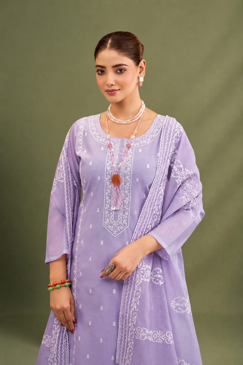 Lavender Pure Mal Cotton Suit Set with Laser Cut Work Design