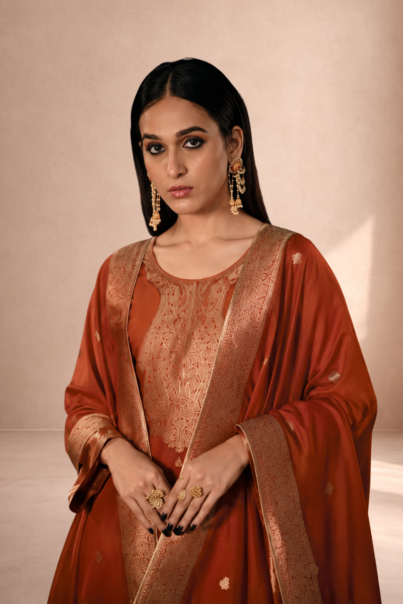 Rust Orange Viscose Silk Jacquard Suit Set With Hand Work