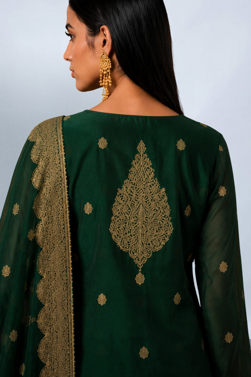 Bottle Green Premium Viscose Woven Silk Jacquard Suit Set with Hand Work Design