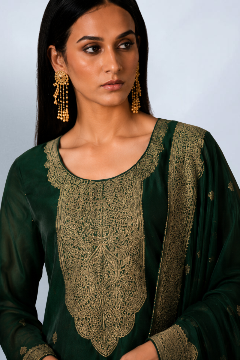 Bottle Green Premium Viscose Woven Silk Jacquard Suit Set with Hand Work Design