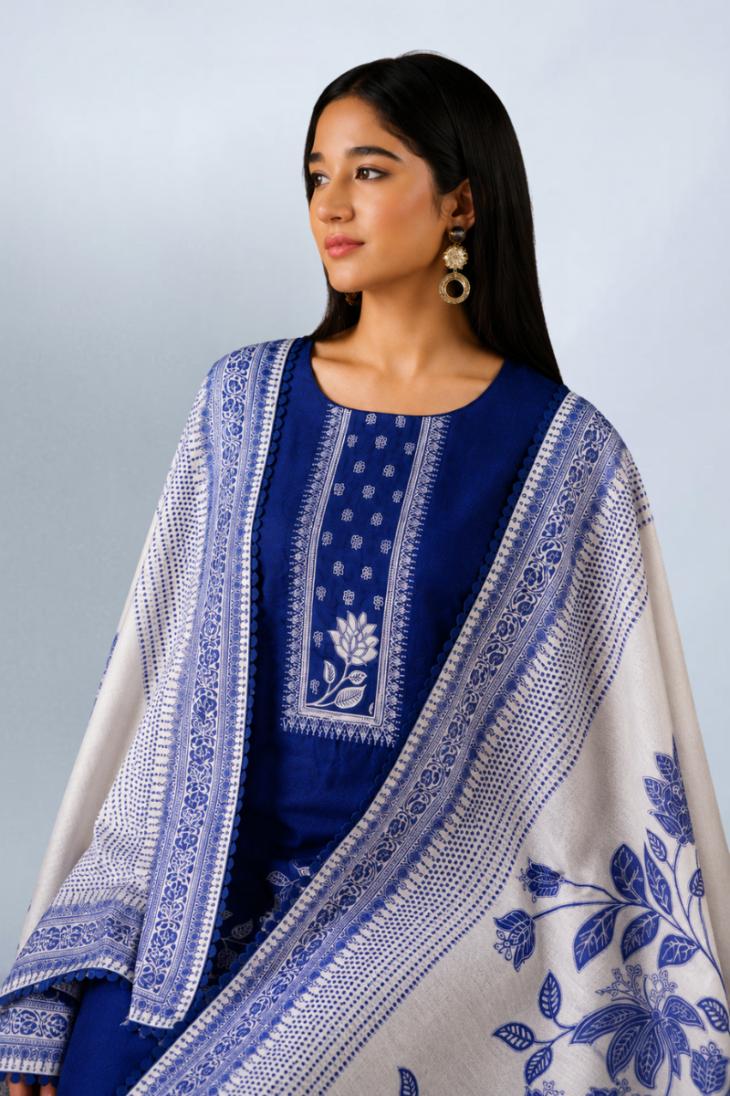 Royal Blue Pure Bemberg Banarasi Jamdani Suit Set with Crochet Lace Design