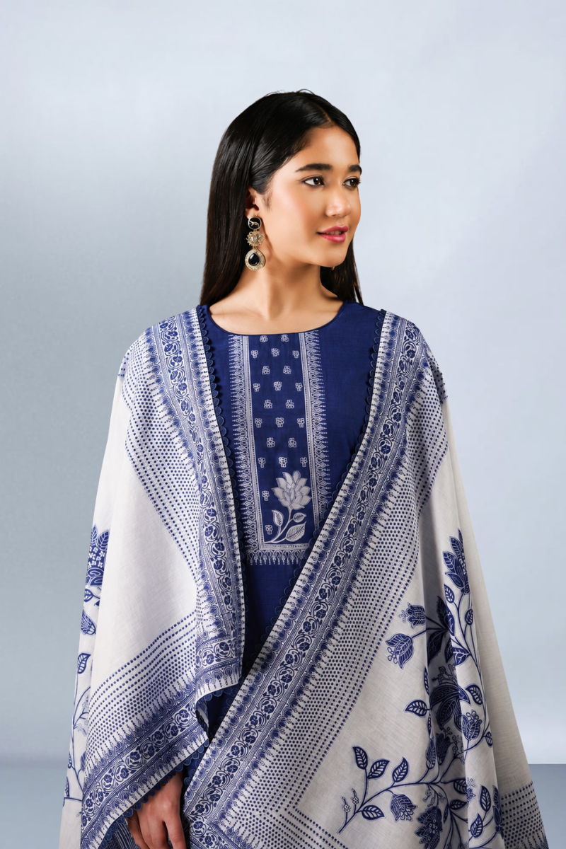 Royal Blue Pure Bemberg Banarasi Jamdani Suit Set with Crochet Lace Design