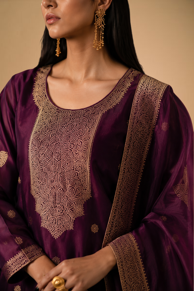 Wine Purple Premium Viscose Woven Silk Jacquard Suit Set with Hand Work Design