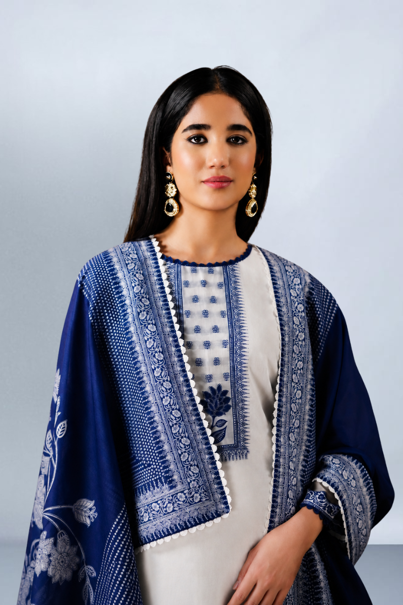White Pure Bemberg Banarasi Jamdani Suit Set with Crochet Lace Design