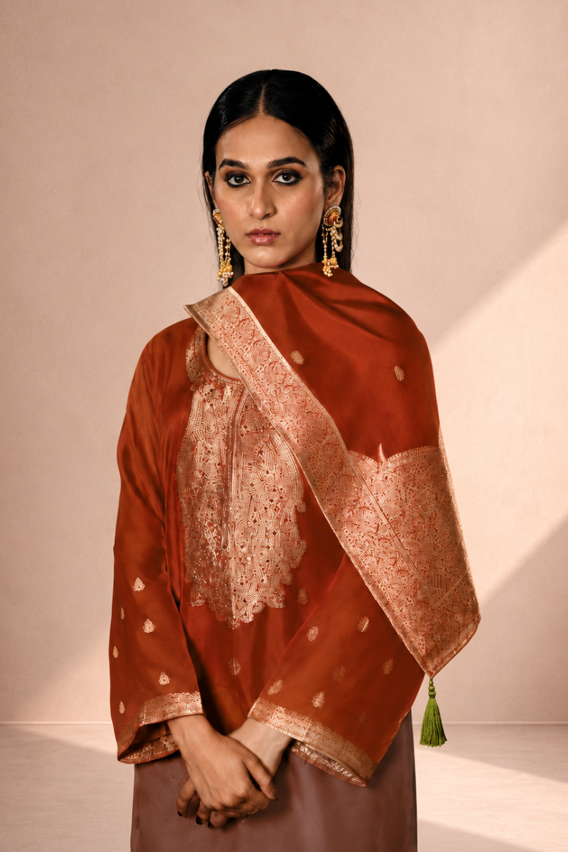 Rust Orange Premium Viscose Woven Silk Jacquard Suit Set with Hand Work Design