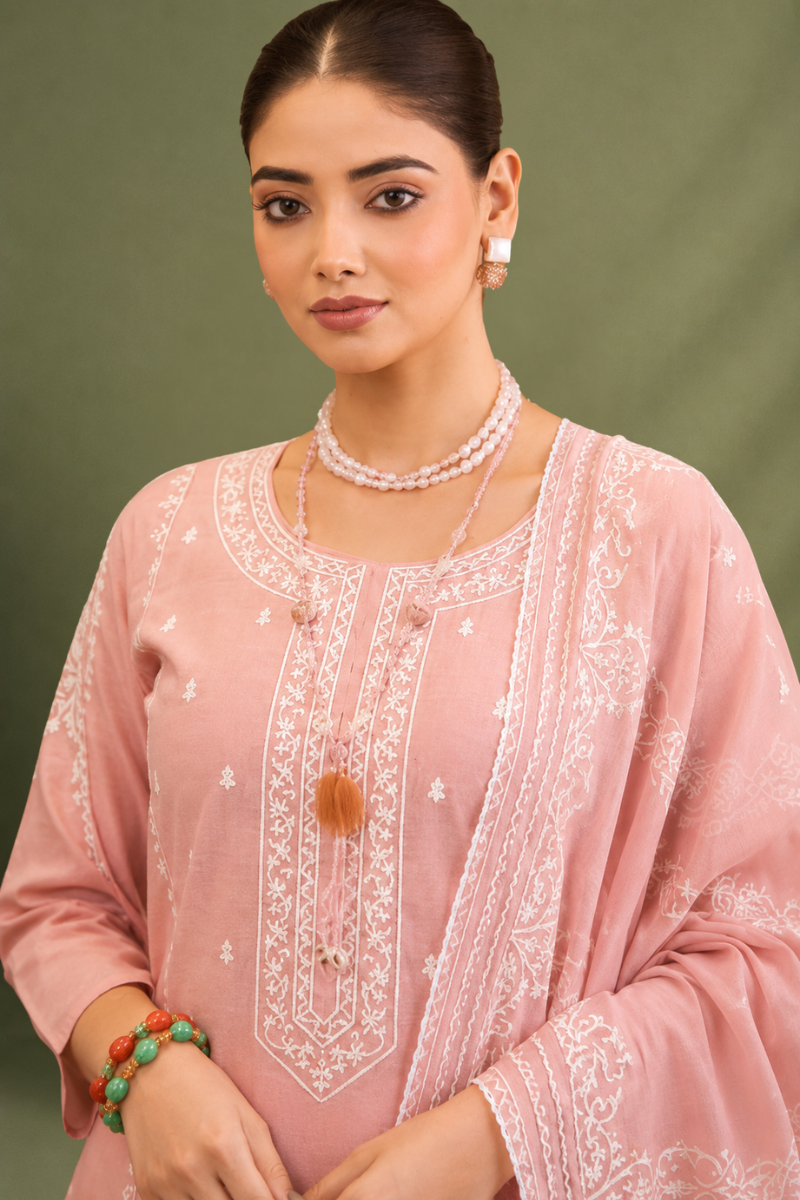Blush Pink Pure Mal Cotton Suit Set with Laser Cut Work Design
