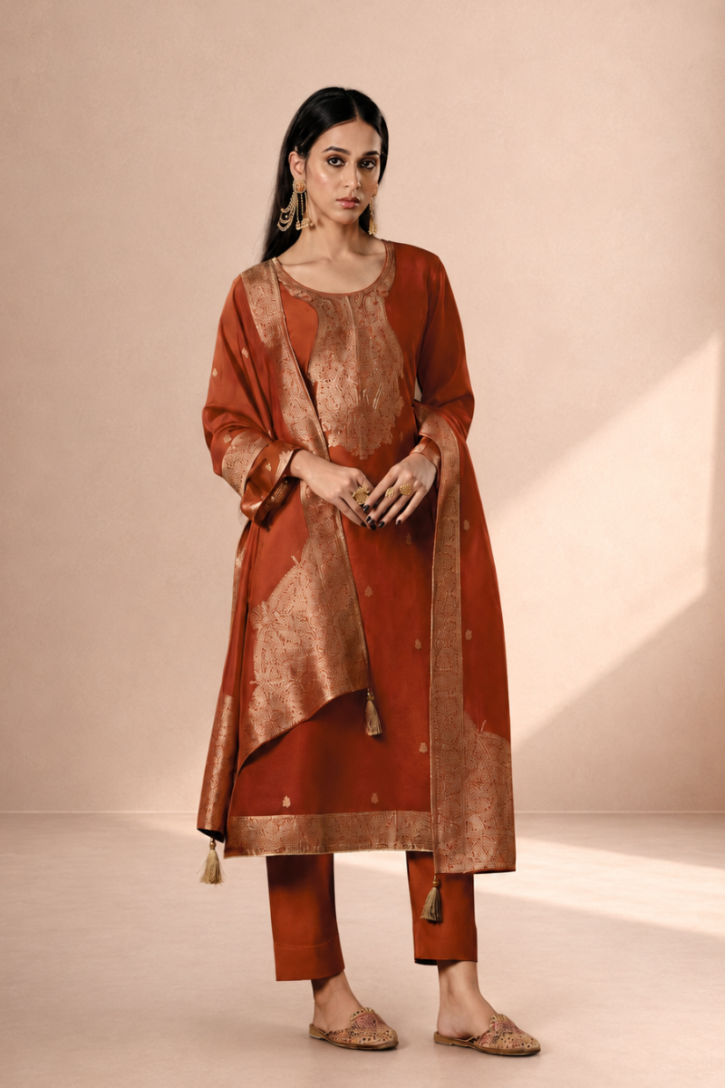 Rust Orange Premium Viscose Woven Silk Jacquard Suit Set with Hand Work Design