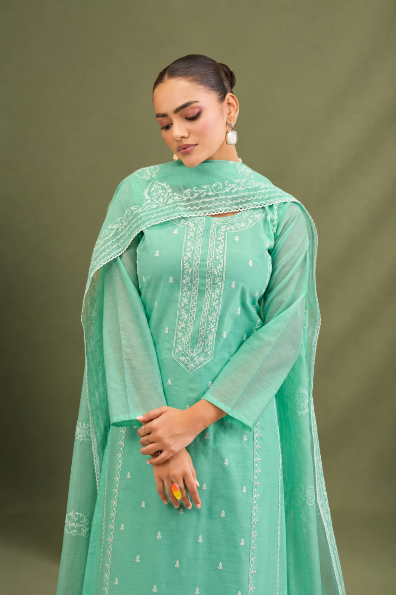 Mint Green Pure Mal Cotton Suit Set with Laser Cut Work Design