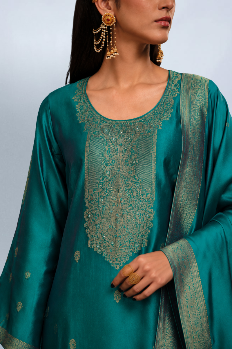 Peacock Blue Viscose Woven Silk Jacquard Suit Set with Hand Work Design