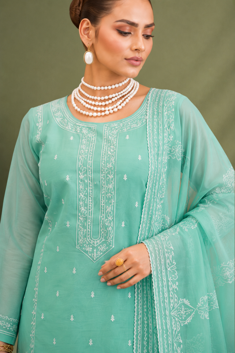 Mint Green Pure Mal Cotton Suit Set with Laser Cut Work Design