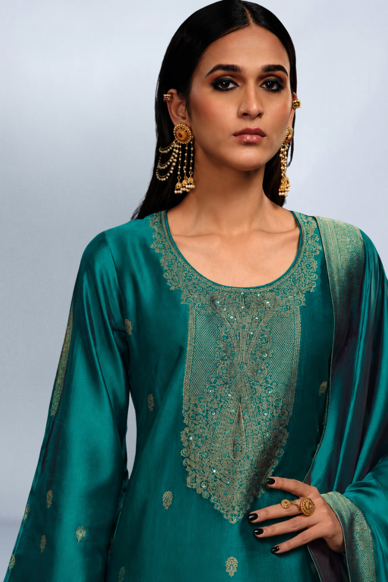 Peacock Blue Viscose Woven Silk Jacquard Suit Set with Hand Work Design