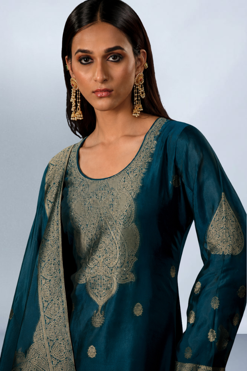 Turquoise Blue Premium Viscose Woven Silk Jacquard Suit Set with Hand Work Design
