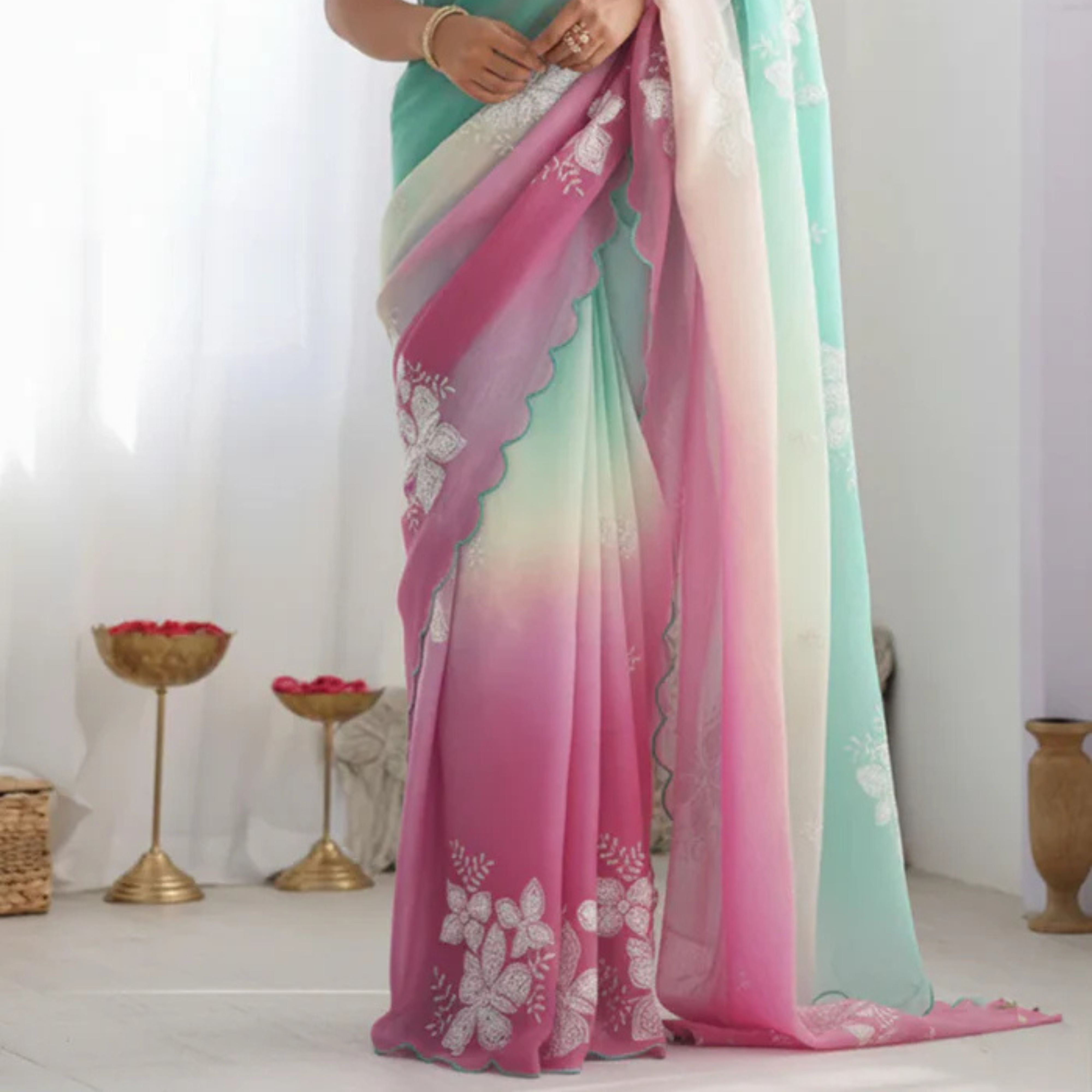 Green Magenta Pastel Shaded Chinon Silk Saree with Sequin Embroidery & Khatli Border