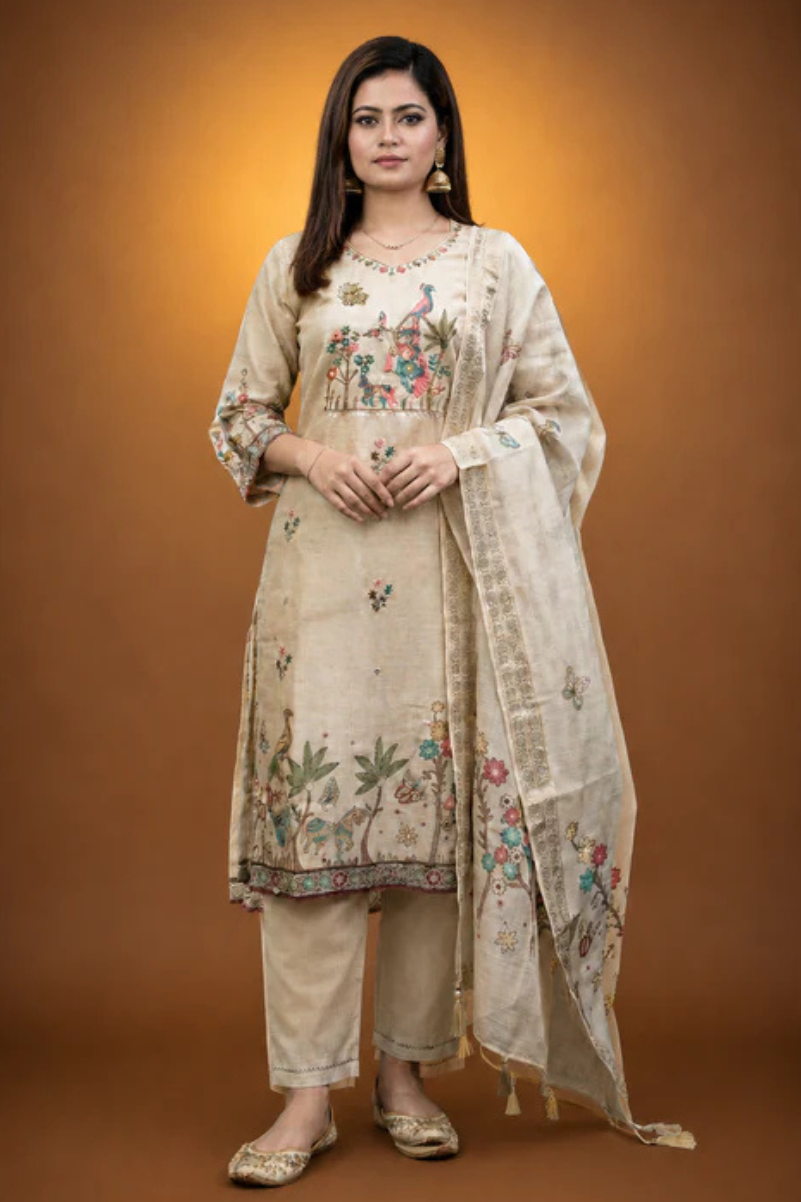 Cream Crepe Silk Straight Kurta-Set with Straight Pant and Dupatta With Pichwai Art Work